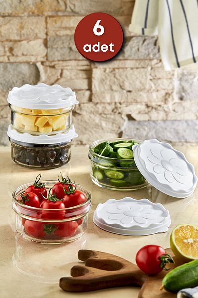 GRİMOR Life 6-Piece White Daisy Patterned Plastic Covered Breakfast Glass Bowl - Breakfast Storage Container 415 Cc