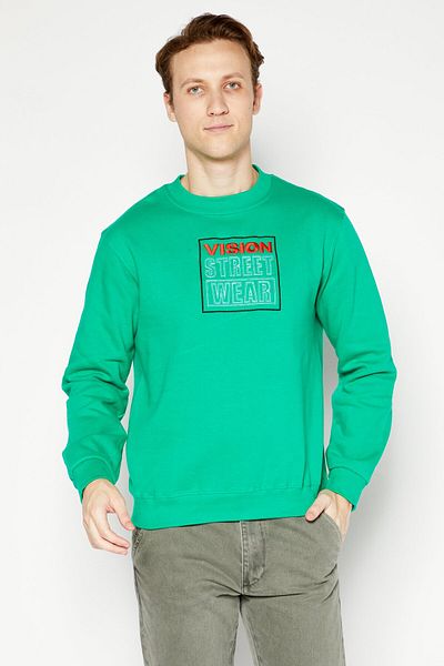 Vision Street Wear Men Crew Neck Embroidered Logo Sweatshirt, Green