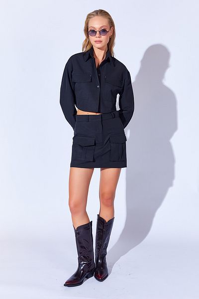 Manche Thick Soft Textured Double Pocket Mini Skirt |   Black Mkw 299063 -01
