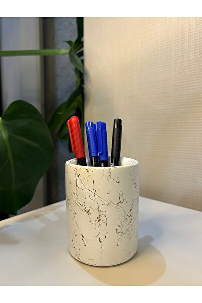 Miya Art Studio Masaüstü Beton Dik Kalemlik Beyaz Gold Mermer Desen