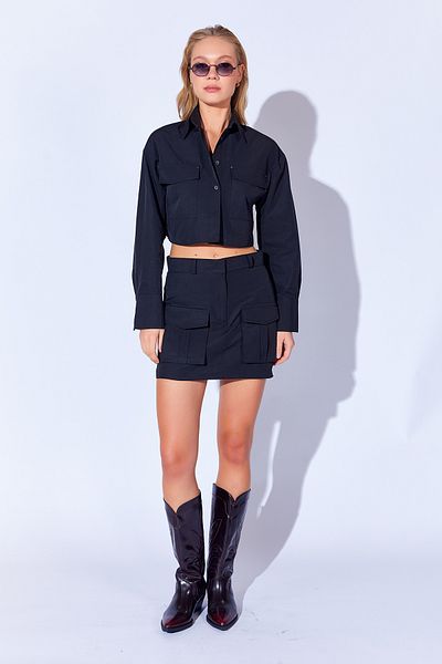 Manche Thick Soft Textured Double Pocket Mini Skirt |   Black Mkw 299063 -01