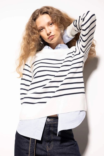 DeFacto Z1317 Πουλόβερ με ριγέ λαιμόκοψη κανονικής εφαρμογής