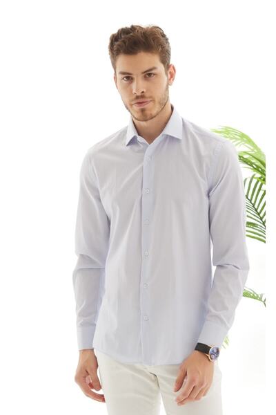 RAVANELLI Cămașă pentru bărbați, albastru deschis, în dungi, cu mânecă lungă, ușor de călcat