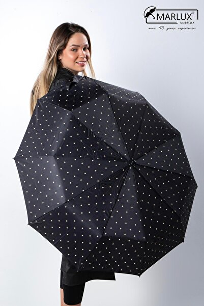 Marlux Siyah Krem Benekli Ahşap Saplı Tam Otomatik Premium Lüks Kadın Şemsiye...