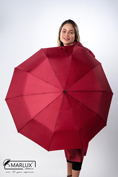 Marlux Bordo Puantiyeli Fiber 10 Telli Tam Otomatik Rüzgara Dayanıklı Şemsiye...