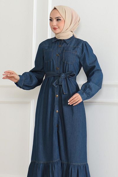 Modamihram Rochie de blugi albastru închis - Detaliu cu volane, Model 19225