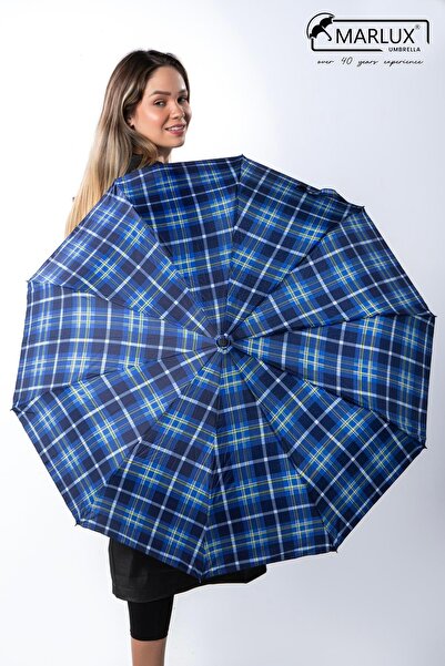 Marlux Lacivert Mavi Ekose Desen Fiber 10 Telli Tam Otomatik Rüzgara Dayanıkl...