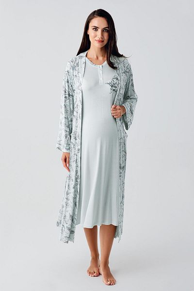 Artış Long Sleeve Patterned Lace Buttoned Stretchy Viscous Maternity Nightgown Dressing Gown Set