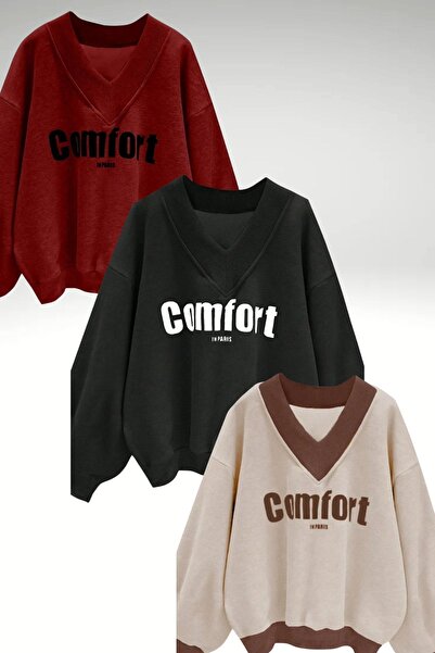 Know Kadın 3 Iplik Bordo Siyah Bej 3'lü Comfort In Paris Baskılı V Yaka Oversize Sweatshirt