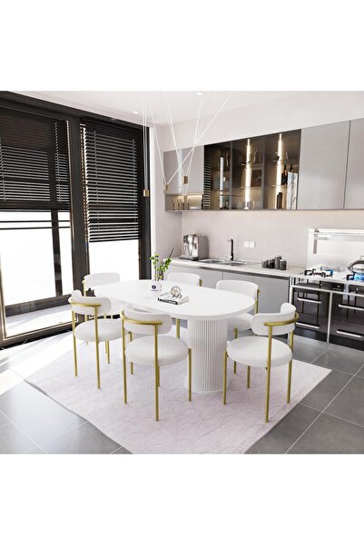 Dekoport Eylül Masa Sandalye Takımı Yemek Masası 6 Sandalye Teddy-bukle Kumaş...