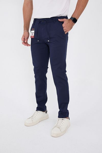 BROCARD Men's Seasonal Jogger Slimfit Mold Waist Half Elastic Lycra Navy Blue Linen Trousers