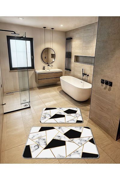 BigArts Home Black and White Modern Design Non-Slip Base Washable Bath Mat - 50X60/60X90 cm