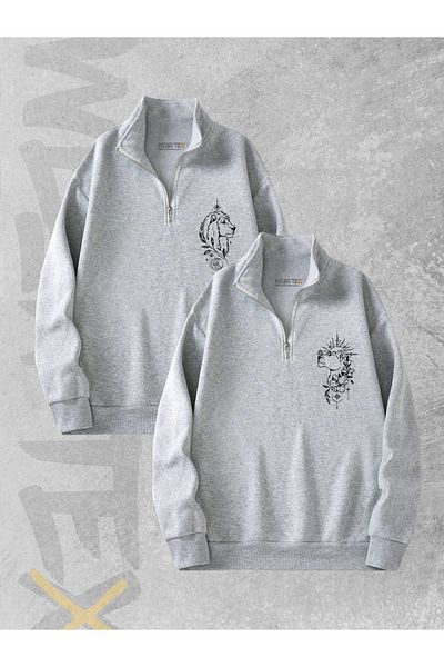 WEARTEX 2-Piece Half Zipper Men's Lion Tooth Lion Printed Lover Couple Sweatshirt