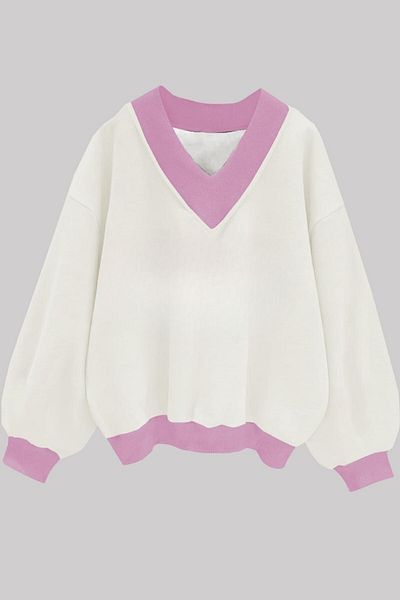 Know Damen-Sweatshirt mit 3 Fäden, weiß, einfarbig, V-Ausschnitt, Oversize