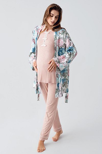 Artış Long Sleeve Patterned Stretchy Viscous Woven Maternity Dressing Gown Pajamas Set