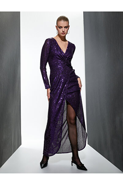 Koton Uzun Abiye Elbise Kruvaze Pul Payet İşlemeli Uzun Kollu V Yaka Asimetrik Kesim