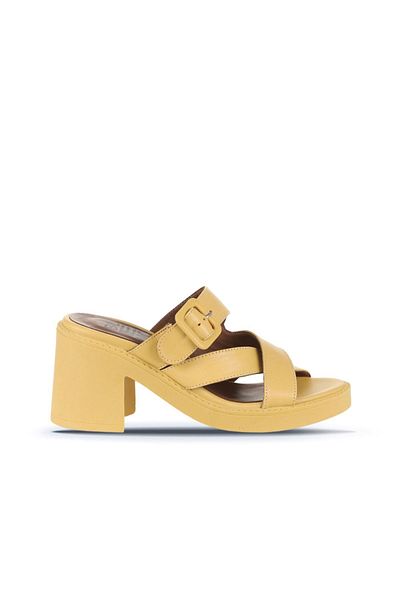Bueno Shoes Papuci cu toc pentru femei din piele galbenă 01wa1701