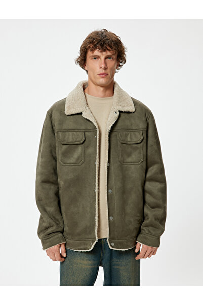 Koton Suede Look Jacket Slim Fit Plush Detailed Shirt Collar