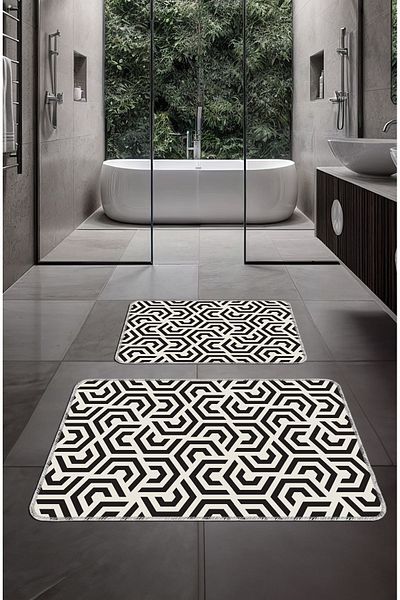BigArts Home Set Covoraș de baie lavabil decorativ modern cu bază anti-alunecare - Bej Negru 50x60-60x90 Cm