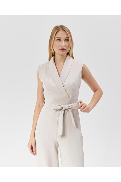 Appleline Ecru Fabric - Γυναικεία Ολόσωμη φόρμα με ρίγες και ζώνη