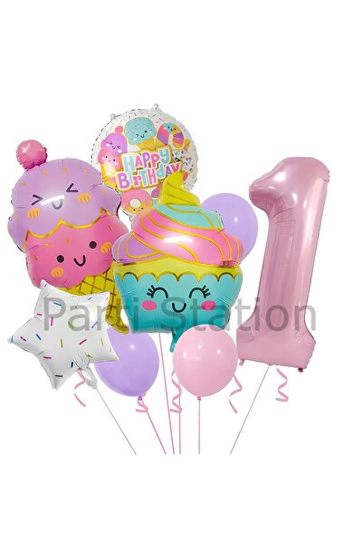 Parti Station مجموعة بالونات كب كيك الآيس كريم والسكر بعمر سنة واحدة - عيد مي...