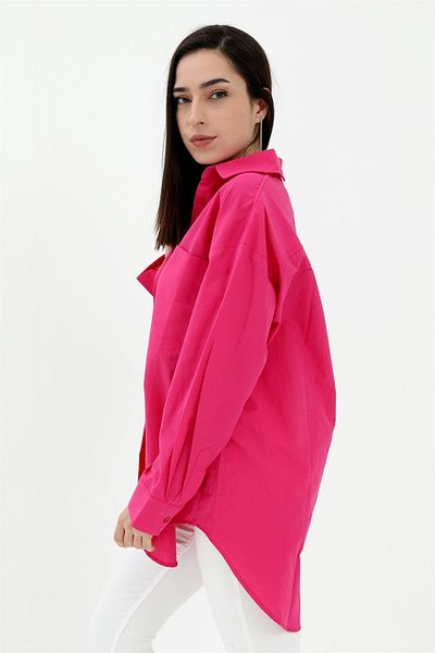 VAPUR Cămașă oversize de in fuchsia cu un singur buzunar - mâneci stratificate