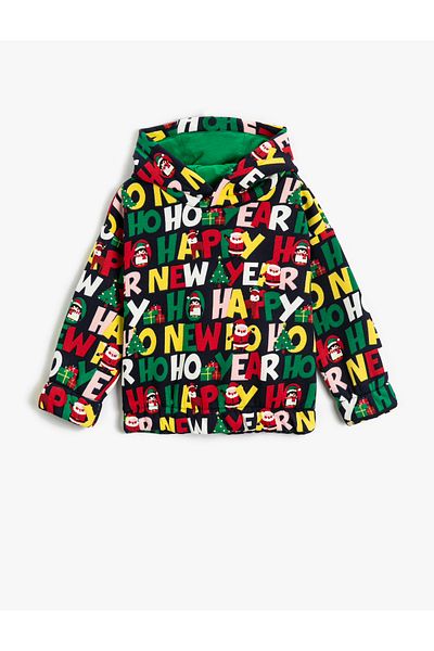 Koton Christmas Themed Santa Printed Hooded Sweatshirt - Cuffs & Elastic Waist