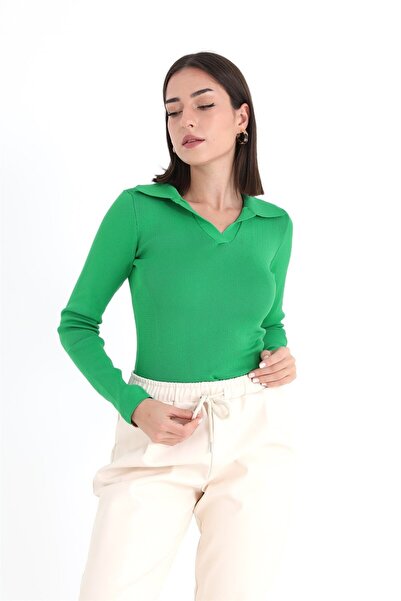 VAPUR Uzun Kol Polo Yaka Triko Kazak - Yeşil