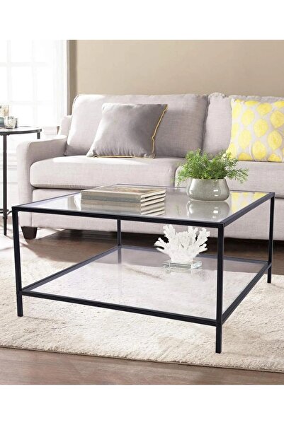 tino furniture Oslo Siyah 2 Raflı Metal Kare Orta Sehpa Şeffaf Camlı