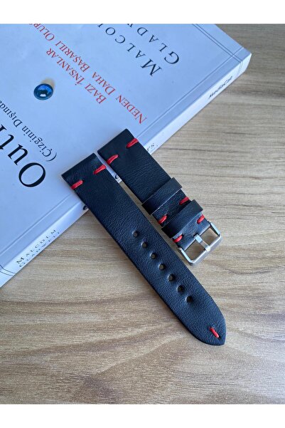 Prizma El Dikişi Düz Siyah Kırmızı Dikiş Gerçek Deri Saat Kordonu. Hakiki Der...