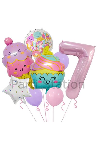 Parti Station مجموعة عيد ميلاد كب كيك آيس كريم وكريم فاخر بعمر 7 سنوات - مجمو...