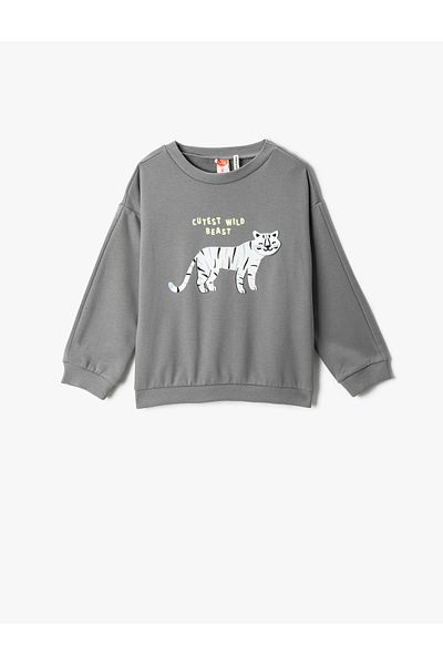 Koton Cat Printed Sweatshirt Applique Detailed Long Sleeve Crew Neck