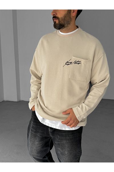 BYBASICMAN Beige Pocket Text Embroidered Sweatshirt V-10-30