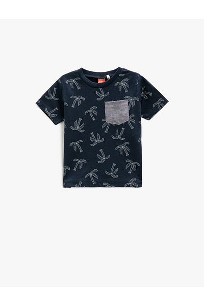 Koton Palm Tree Printed Short Sleeve T-Shirt Crew Neck Single Pocket Detailed