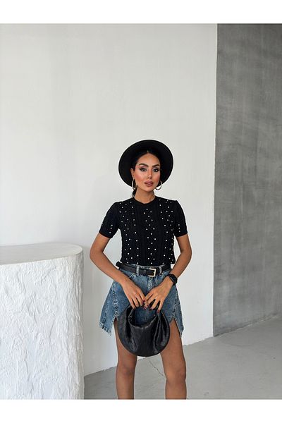 LOISY Pulover de damă cu mânecă scurtă din tricot cu pietre
