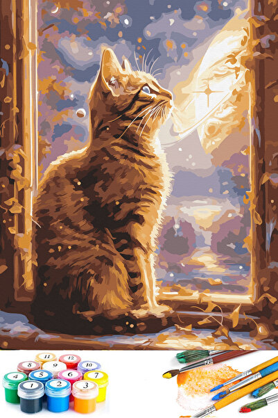 abbara Sayılarla Boyama Hobi Seti Çerçeveli Numaralı Tuval Fırça Boya Dahil Kasnaklı 40x50 Cm TEKİR KEDİ