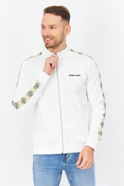 Pan Am Men High Neck Long Sleeve Brand Logo Full Zip Sweatshirt, White