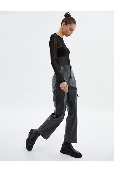 Koton Leather Look Cargo Pants Faded Effect Normal Waist Straight Wide Leg Pockets