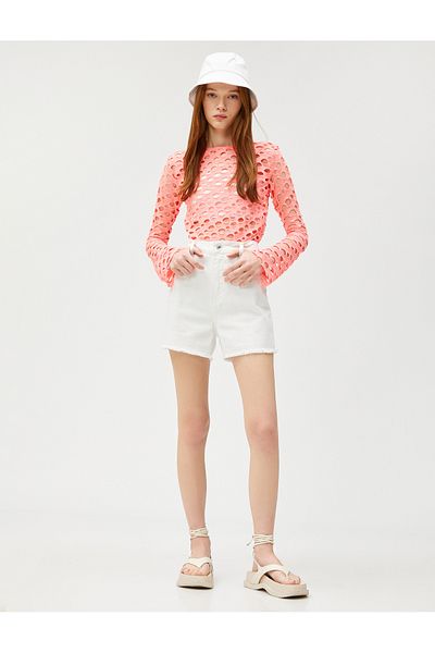 Koton Long Sleeve T-Shirt Mesh Openwork Crew Neck