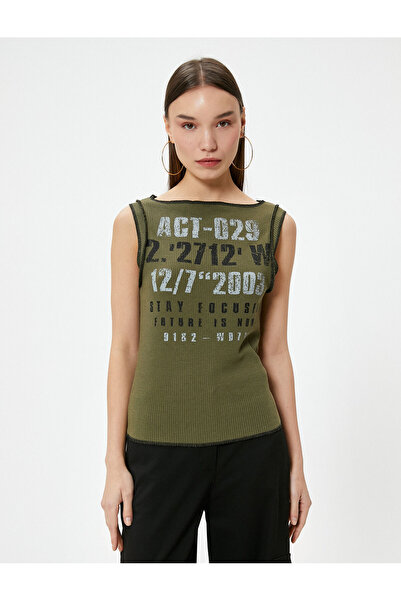 Koton Sleeveless T-Shirt Printed Viscose Fabric Blended Ribbed Round Neck