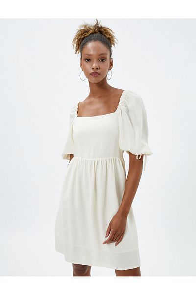 Koton Linen Midi Dress Short Balloon Sleeves Back Window Detailed Lined