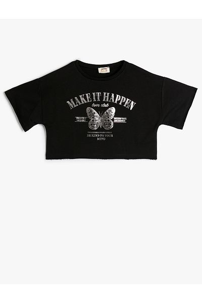Koton Tricou Crop Slogan Imprimat mânecă scurtă Decolteu Crew Bumbac