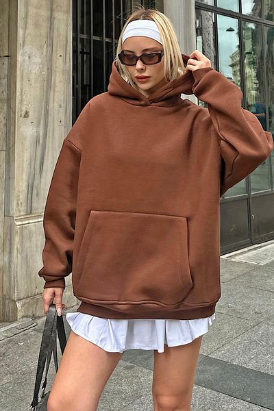 Swist Καφέ Stay Hooded Kangaroo Pocket Oversize γυναικείο φούτερ με φλις εσωτερικά