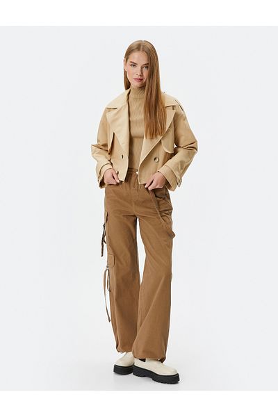 Koton Oversize Short Trench Coat - Double Breasted, Wind Cap, Banded Lined