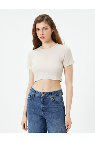 Koton Basic Crop T-Shirt με ραβδώσεις με κοντό μανίκι Crew Neck Slim Fit