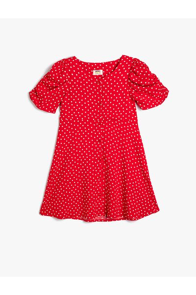 Koton Gepunktetes Kleid, Ballonärmel, Knopfverschluss, Viskosestoff