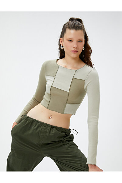 Koton Tricou cu mânecă lungă Crop Crew Deck Color Blocked Ribbed