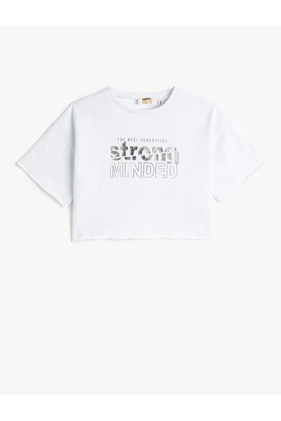 Koton Crop Oversize T-Shirt με εμπριμέ κοντό μανίκι, βαμβακερή λαιμόκοψη