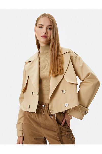 Koton Oversize Short Trench Coat - Double Breasted, Wind Cap, Banded Lined