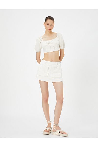 Koton Balloon Sleeve Crop Blouse Drawstring Front Tie Square Neck Cotton